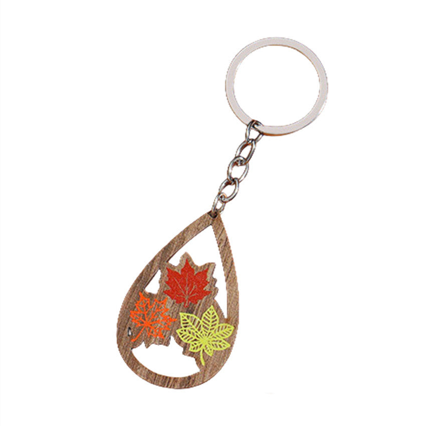 Wholesale Thanksgiving Water Drop Wooden Printed Turkey Maple Leaf Keychain